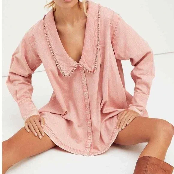 Free People Charlie Denim Button Down with Pearl Snap- Pink Denim - Picture 1 of 10